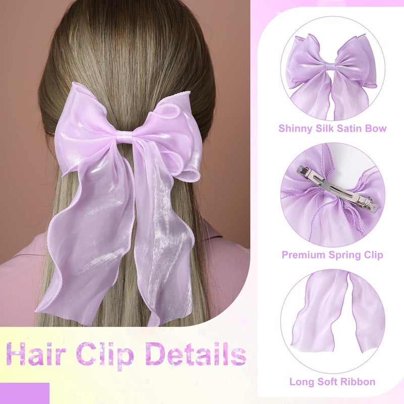 STSTR 2Pcs Large Hair Bow Clips, Purple Silk Yarn Ribbon Bow Hair Barrette for Women, Elegant Long Tail Bowknot French Hair Accessories for Wedding, Parties, Festivals - Image 4